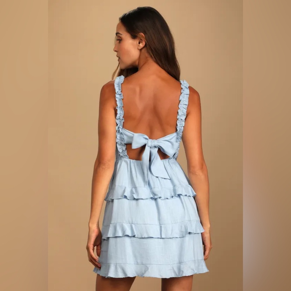 Super Sweet Light Blue Smocked Ruffled Tie-Back Mini Dress